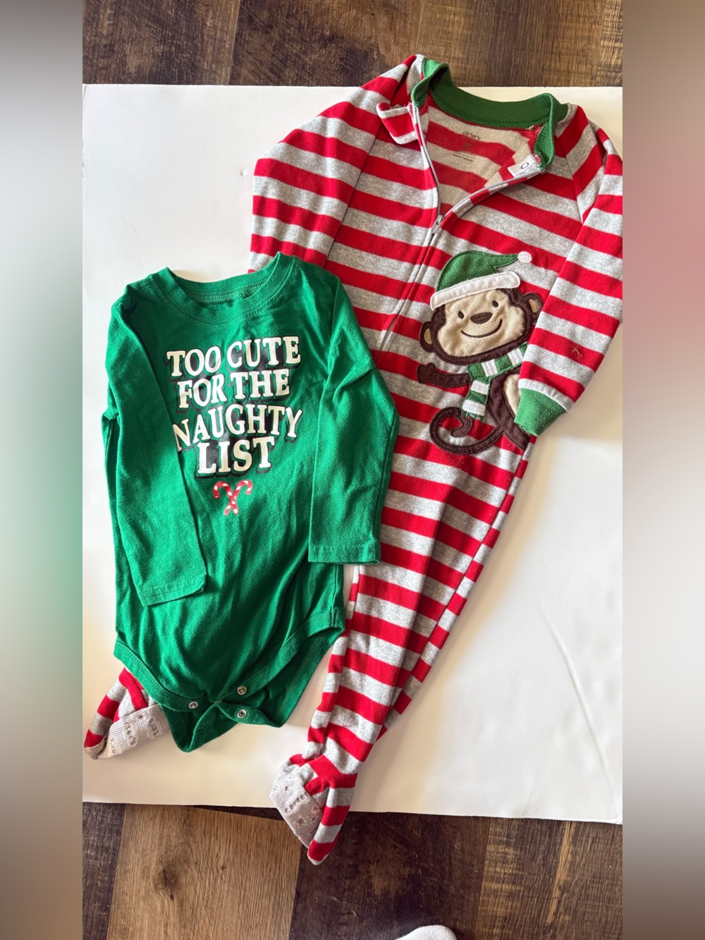 Carter's Green Bodysuit & Red-White Striped Monkey Footed Pajamas